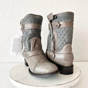 Lane Womens Grey Quilted Leather & Canvas Western Boots With Buckle Straps Size
